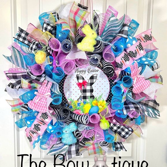 Handmade Spring Happy Easter Bunny Prelit Ribbon Wreath 22 in LED W17 - Picture 1 of 7